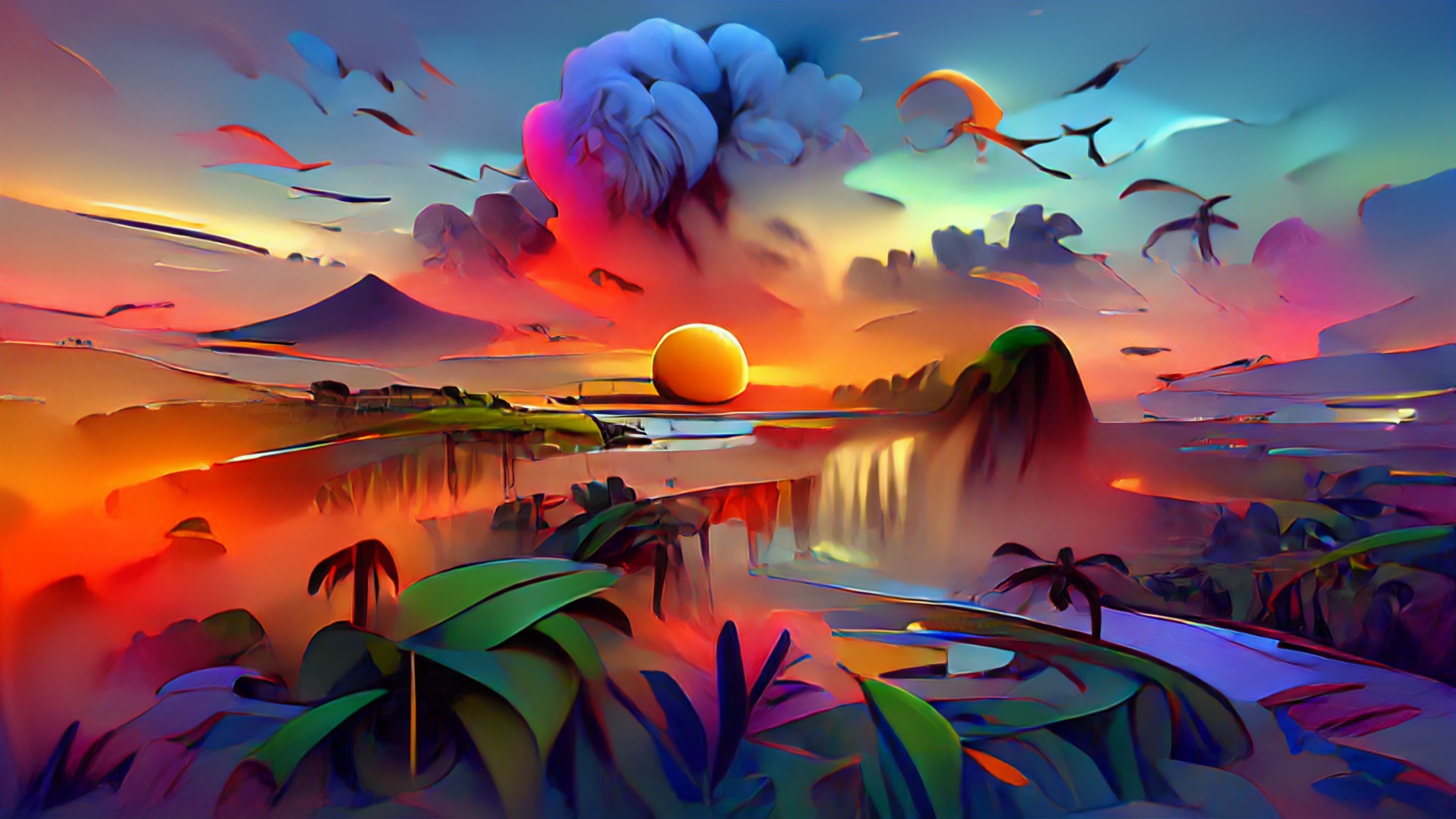 A beautiful sunset over a colourful and detailed tropical landscape Created by AI on Pixelzai